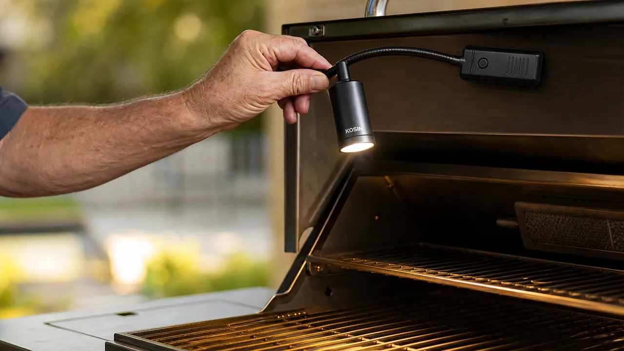 Close-up of the KOSIN grill light's magnetic base and flexible gooseneck clipped to a grill hood, LED head aimed down at the grates