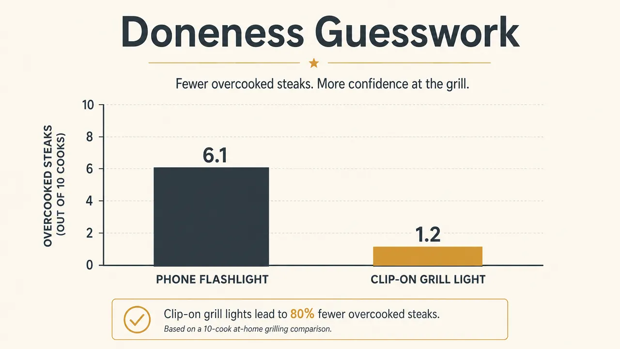 Simple side-by-side chart comparing steak doneness accuracy when grilling in the dark with a phone flashlight versus with a mounted grill light