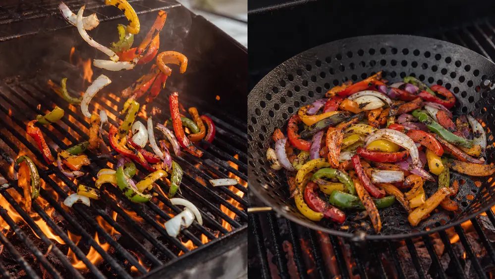 Split scene showing loose vegetables falling through open grill grates next to the same vegetables held intact in a perforated grill wok