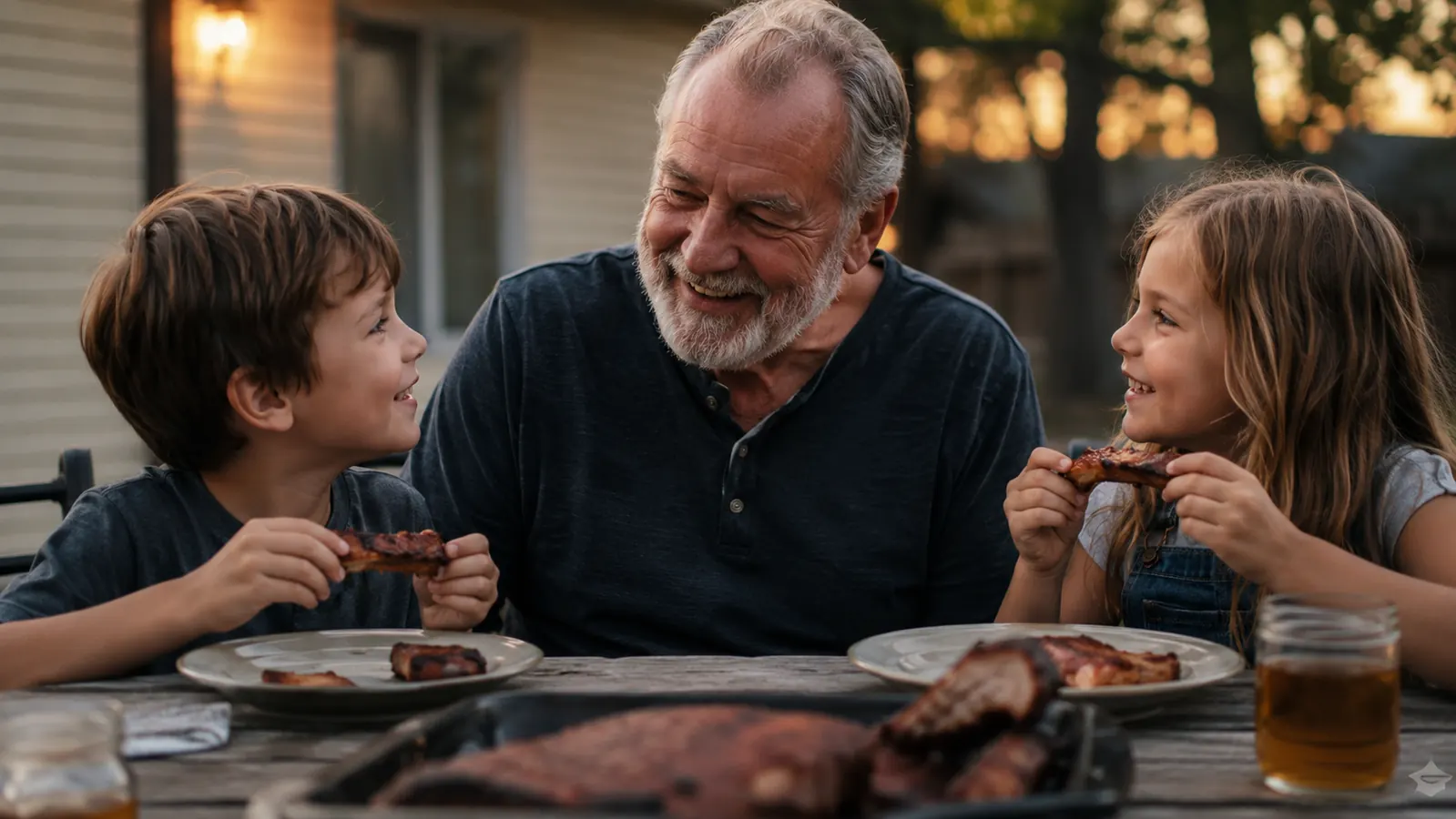 Man and two young grandkids at a picnic table eating smoked ribs in a backyard