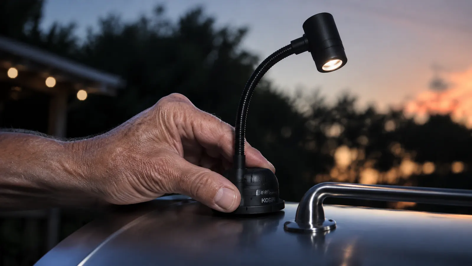 Close-up of a hand attaching a magnetic base grill light to the lid handle of a gas grill