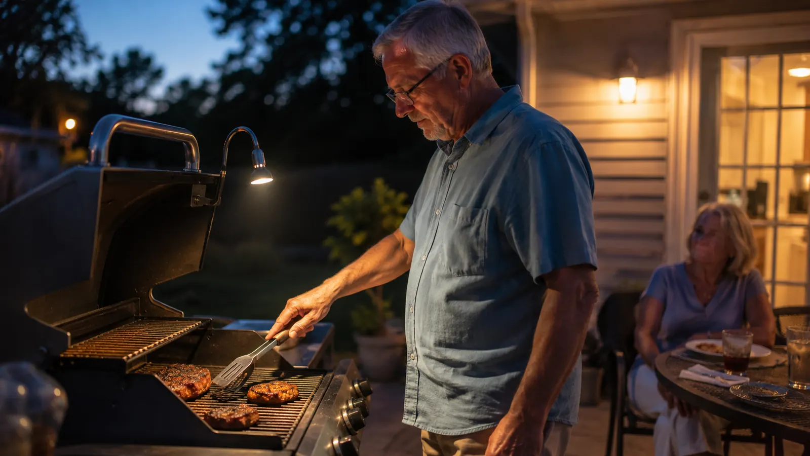 A man grilling after dark on a patio, small LED light illuminating the grill grates, family visible nearby
