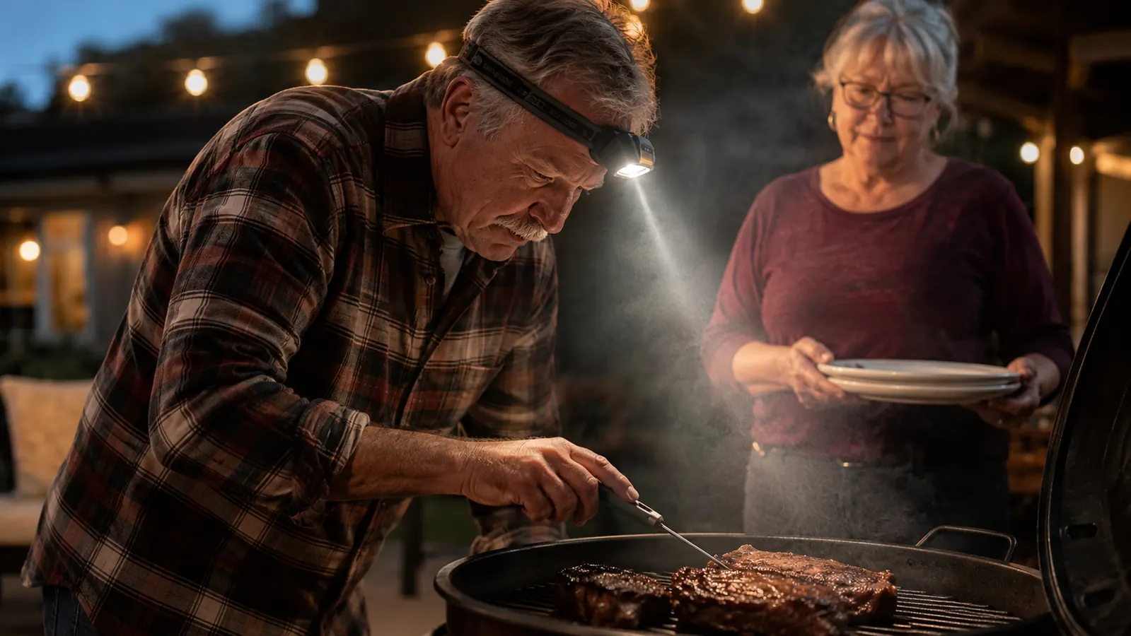 Older man wearing a headlamp checking a grill thermometer in the dark while a woman waits nearby with plates