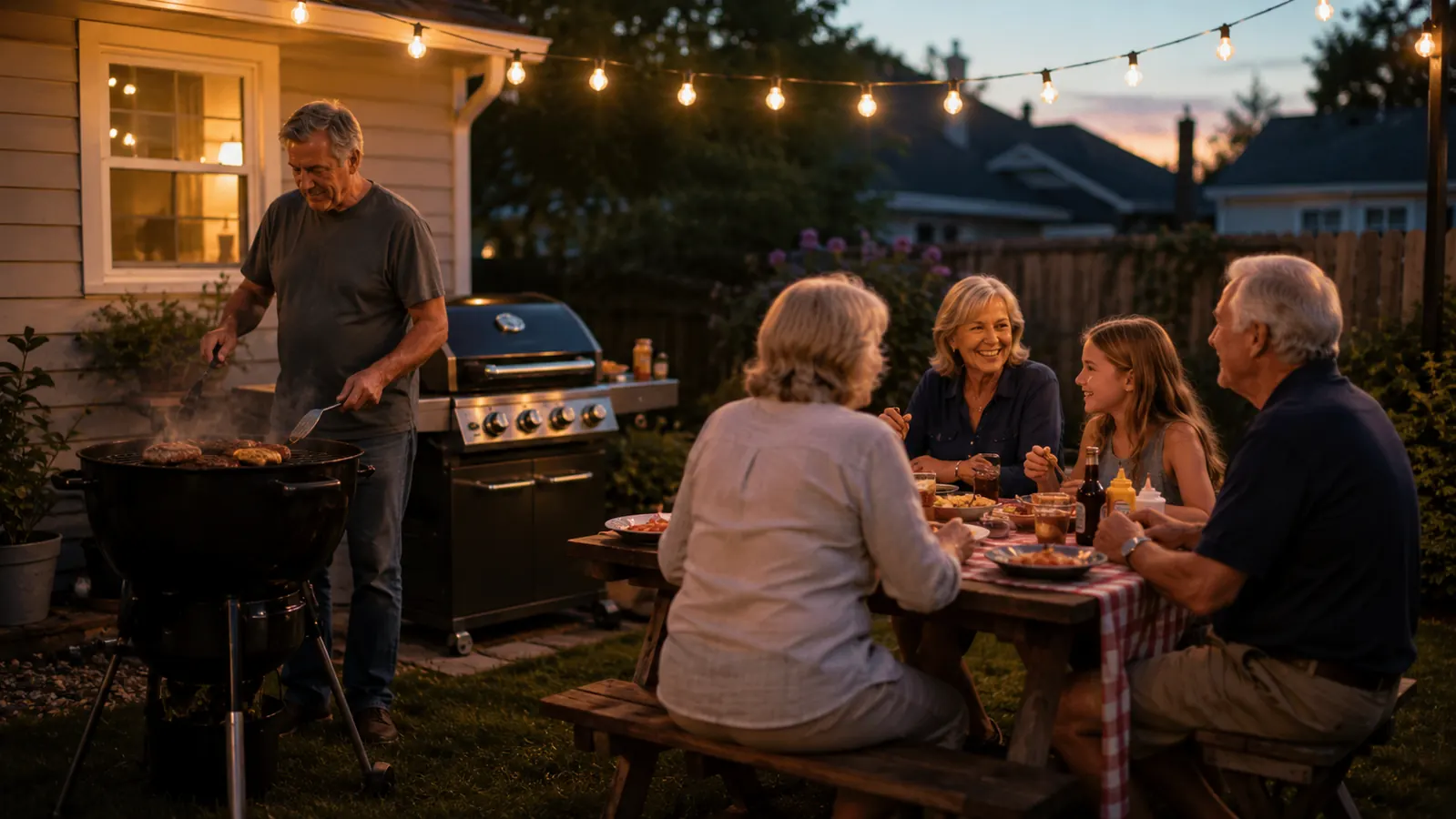 Backyard cookout scene at dusk with string lights, a charcoal kettle grill, and family gathered around a picnic table