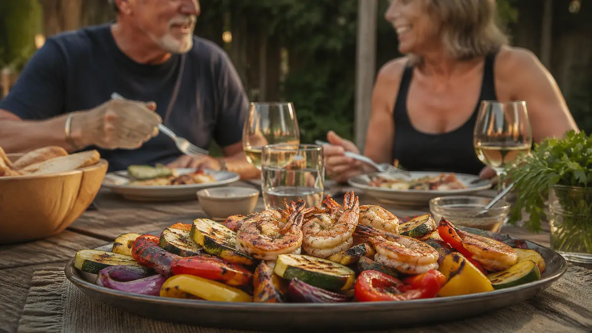 Carl and Bonnie's backyard picnic table set with a platter of grilled vegetables and shrimp fresh off the grill wok