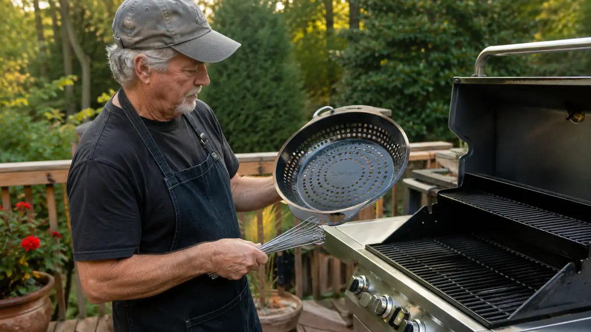 Carl standing at his gas grill holding a grill wok in one hand and a bundle of skewers in the other