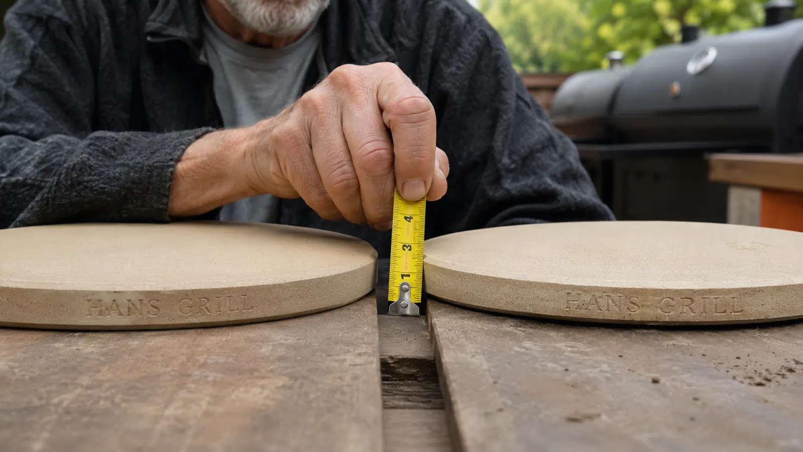 Two pizza stones side by side on a workbench, one slightly thicker than the other, a tape measure laid across both