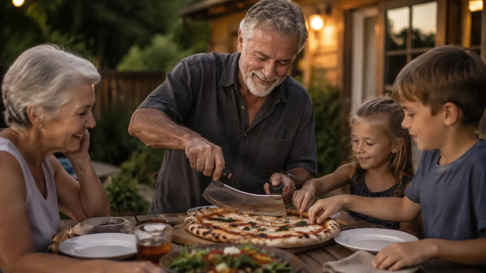 An older man slicing a fresh grill-fired pizza with a rocker cutter at a backyard patio table with grandkids reaching for slices