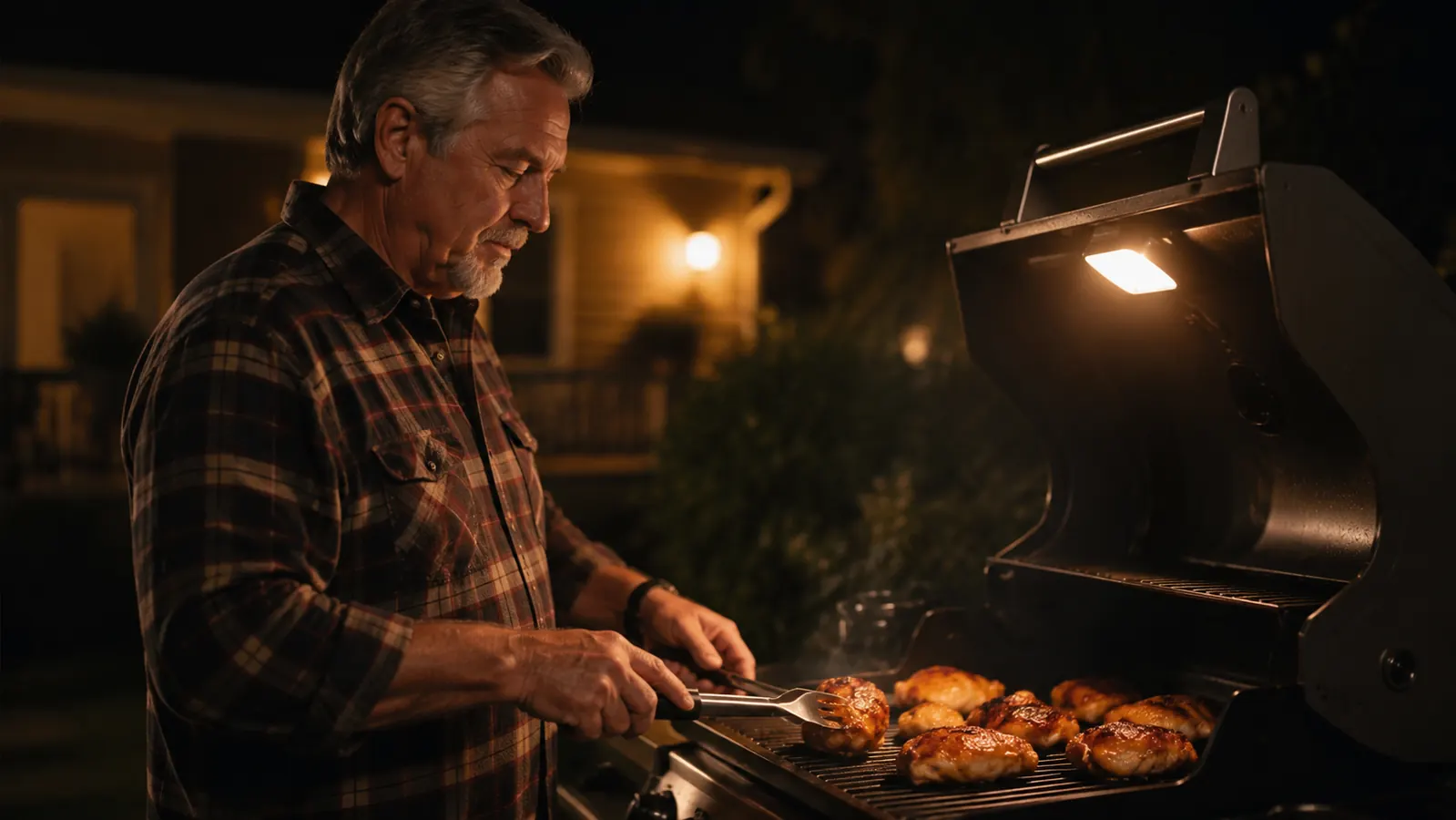 An older man flipping chicken thighs on a grill at night with a magnetic LED light clipped to the grill hood