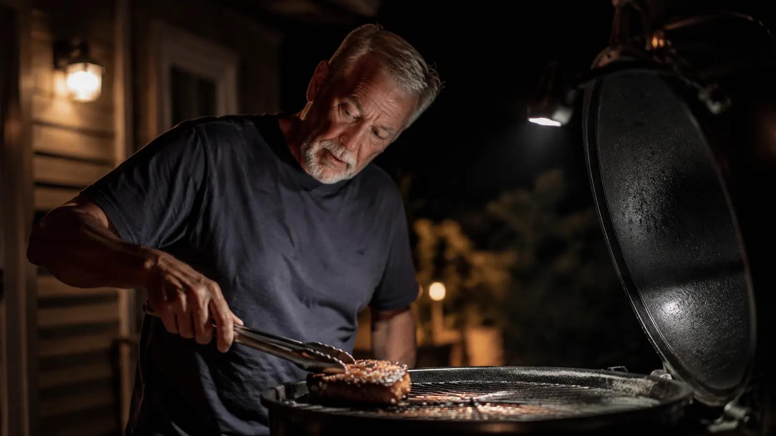 A man tilting a grill light away from his eyes while checking a steak on the grates at night