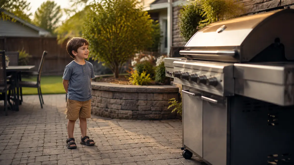A young boy watching through the grill's side vent as a pizza cooks on the stone inside