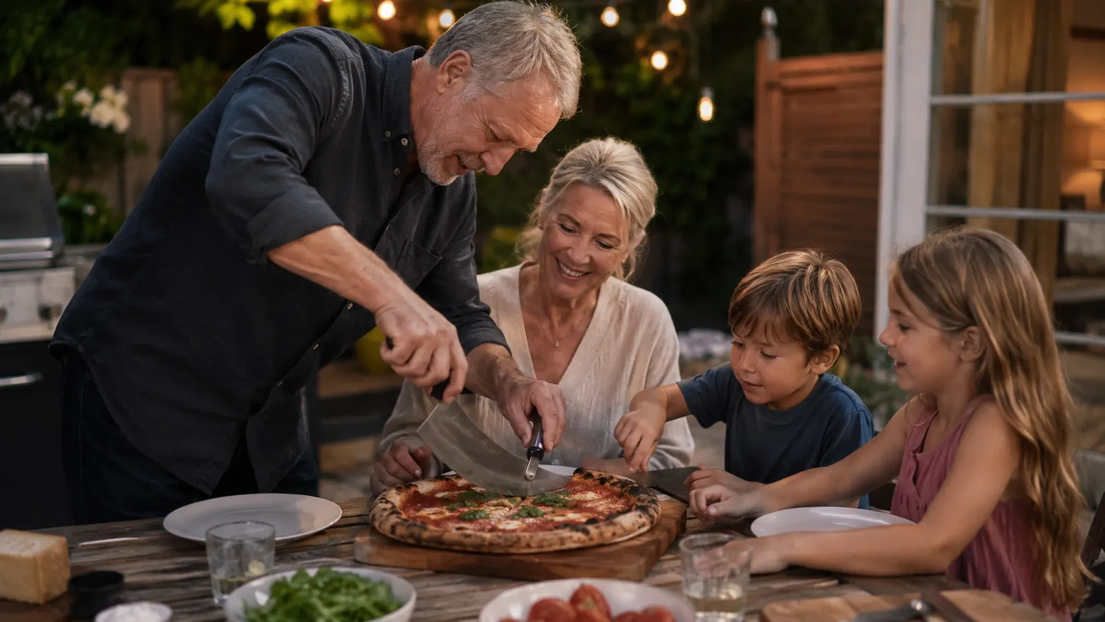 A family gathered around a patio table slicing a fresh grill-fired pizza