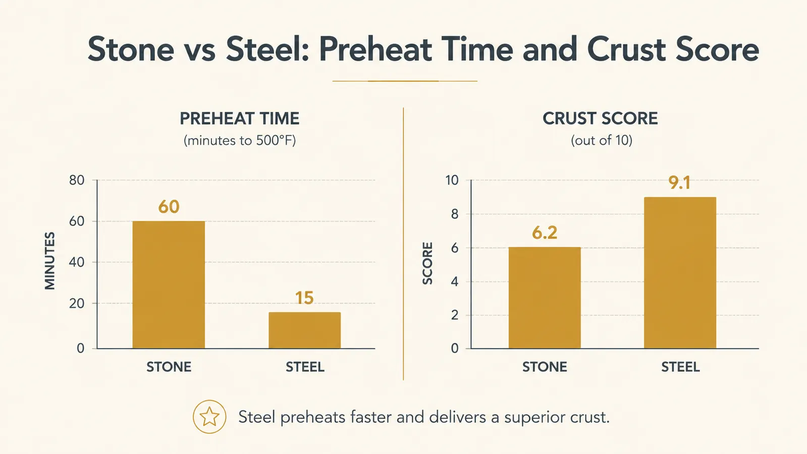 Simple chart comparing preheat time and bottom-crust crispness score between a cordierite pizza stone and a steel plate