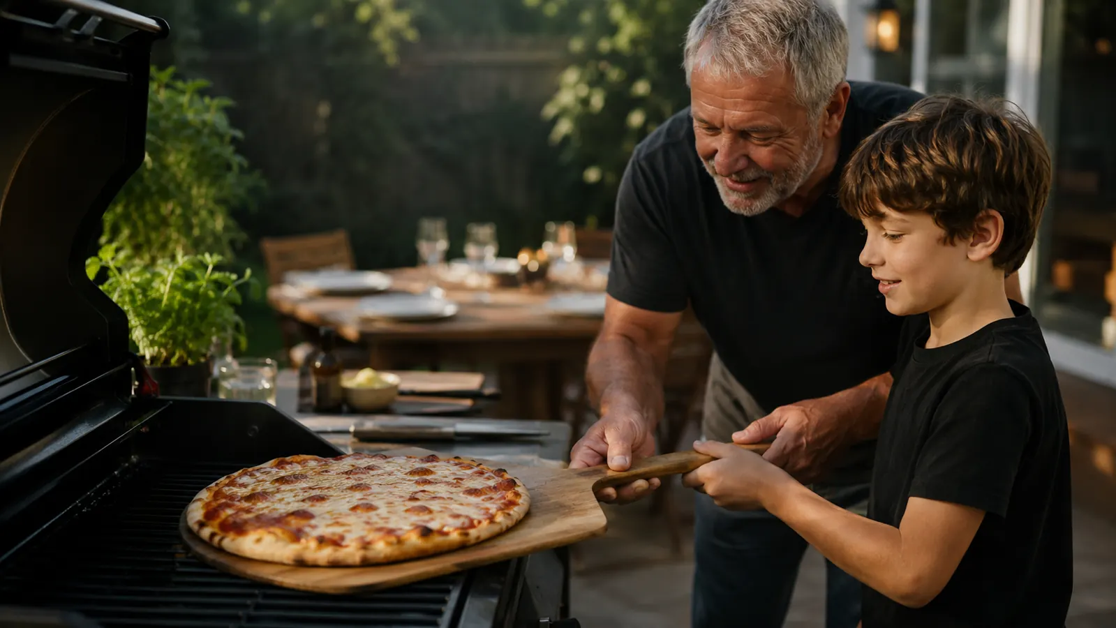 Carl and his grandson Owen pulling a finished pizza off the grill on a wooden peel, backyard patio table set for dinner in the background