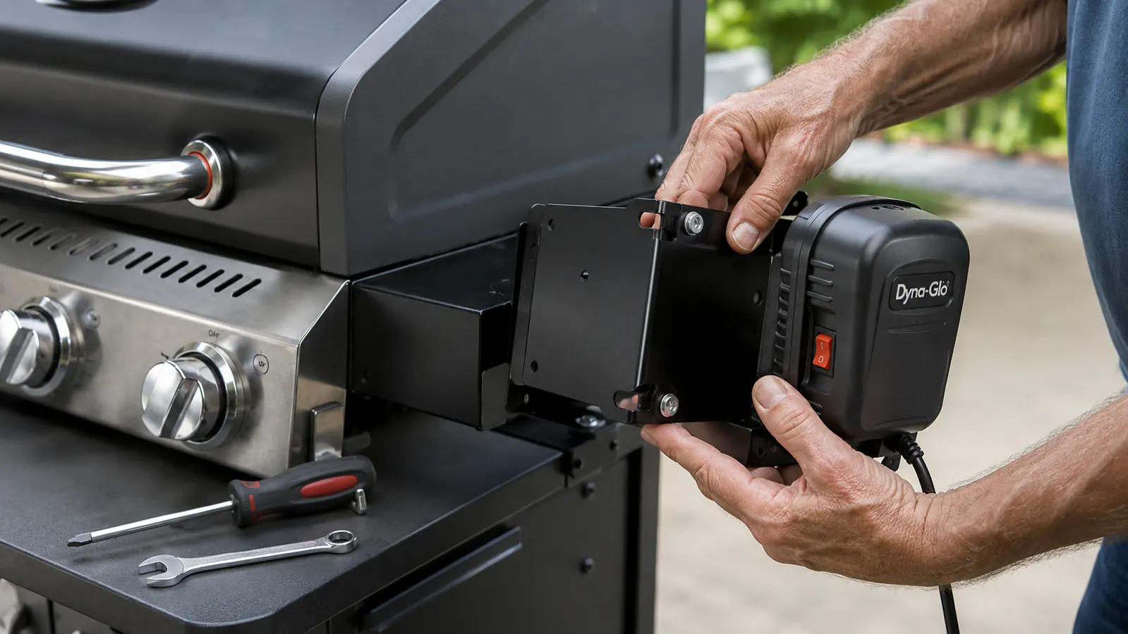 Close-up of hands attaching the rotisserie motor bracket to the side of a gas grill