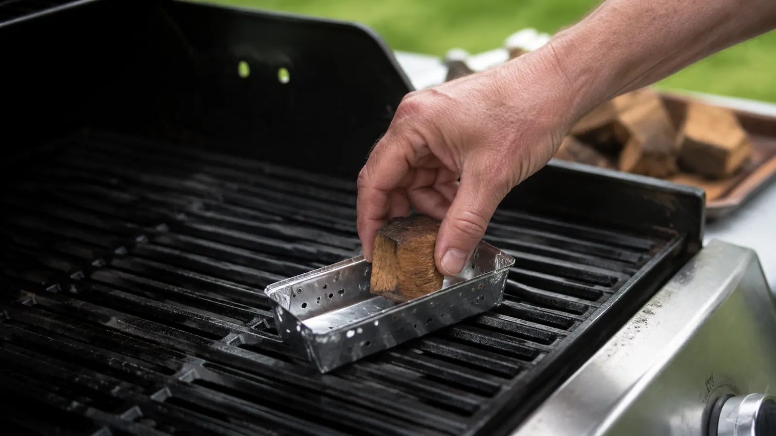 Close-up of a hand placing a hickory wood chunk into a small foil pouch with holes poked in the top, resting on a gas grill grate