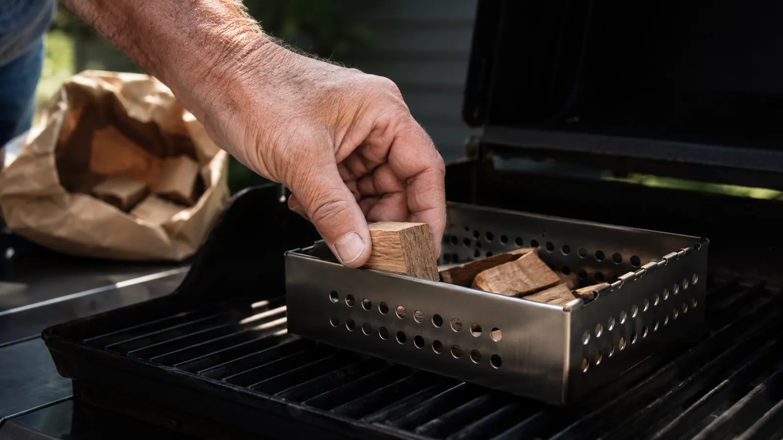 Close-up of a weathered hand dropping a fist-sized hickory wood chunk into a metal smoker box on a gas grill grate