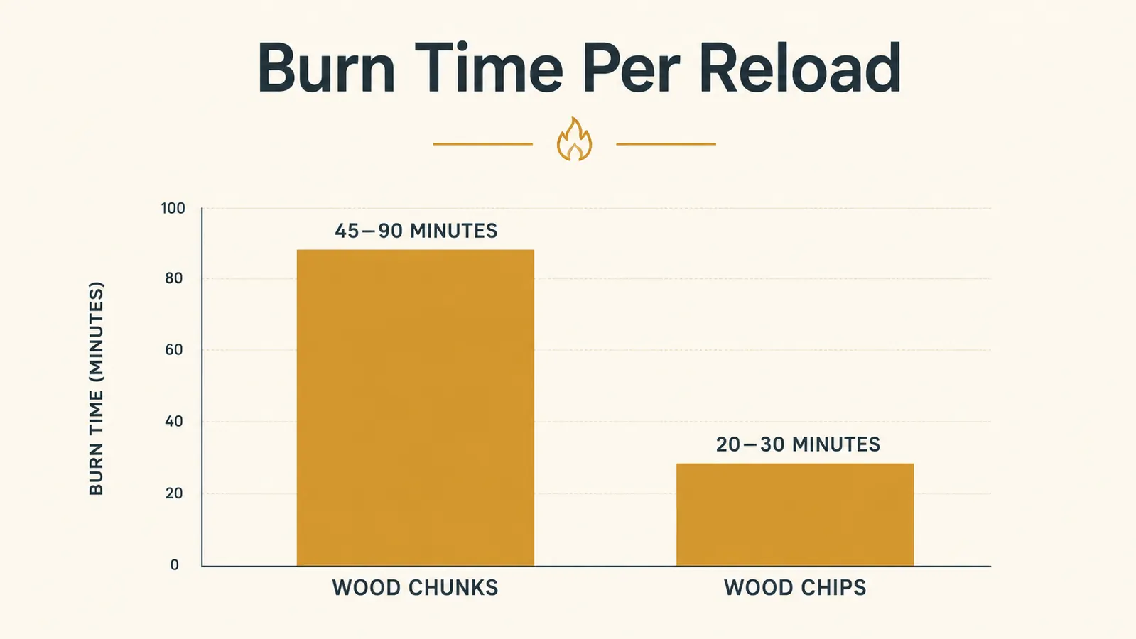 Bar chart comparing burn time in minutes between wood chunks and wood chips per reload